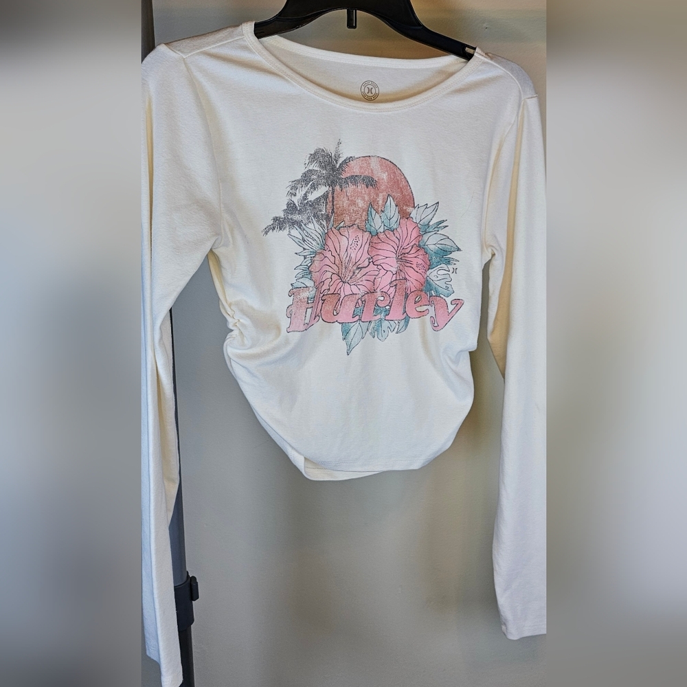 Hurley Off-White Floral Graphic Long Sleeve Top Cinched On The Sides Sz. Large